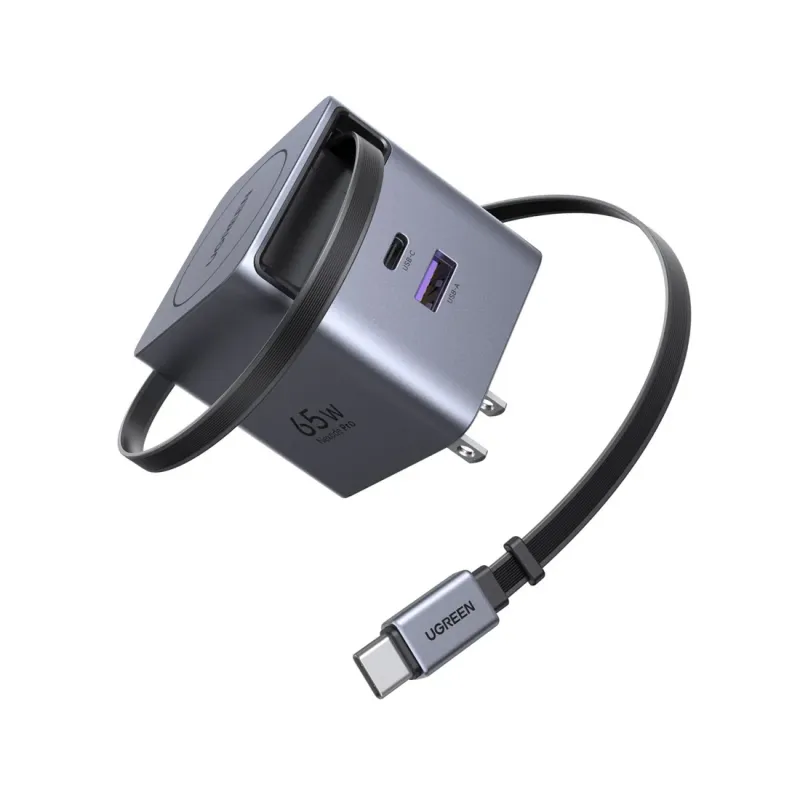 Cargador GaN Nexode 65W de 3 Puertos con Cable USB-C Retráctil – UGREEN