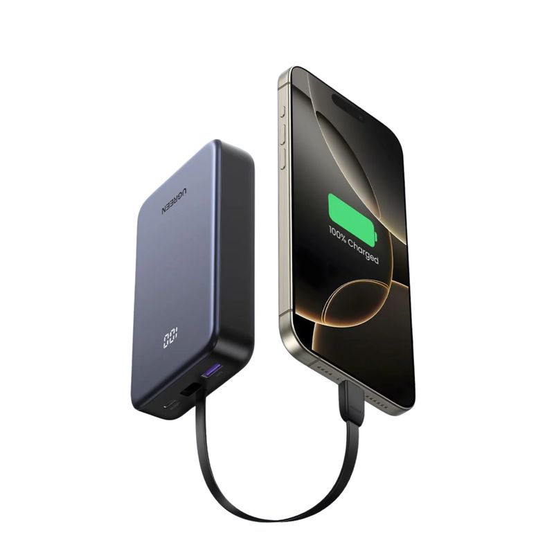 Batería Portátil 20,000 mAh 22.5W con Cable USB-C Integrado y Pantalla – UGREEN