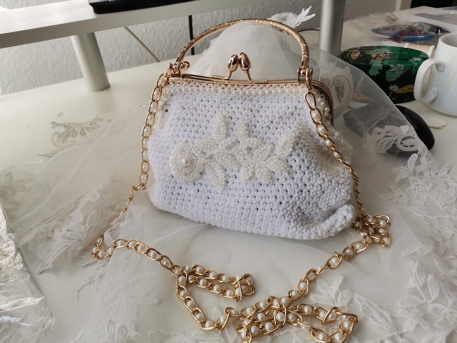Vinage, Boho Braut Tasche, gold mit Perlenstickerei,handgefertigt
