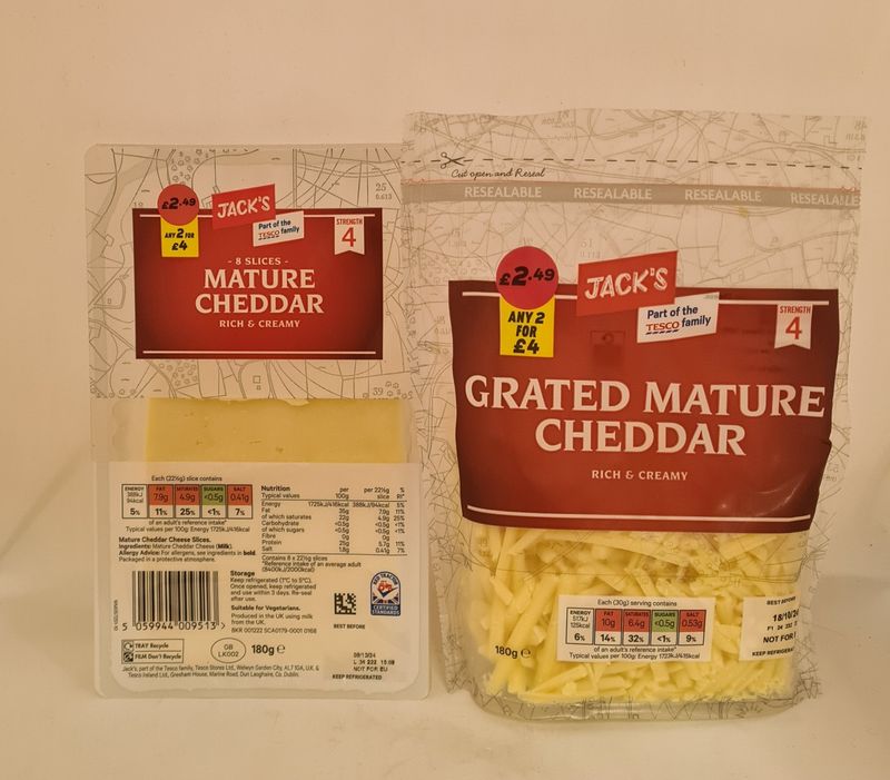 1  pack mature 8 sliced cheese  1 bag mature grated cheese