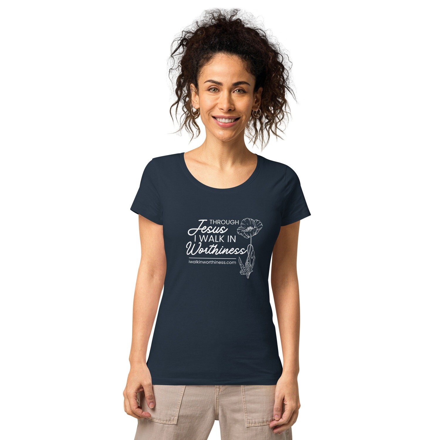 &quot;Through Jesus I Walk in Worthiness&quot; Organic Cotton t-shirt (Navy or Black) [Longer shipping times due to organic]