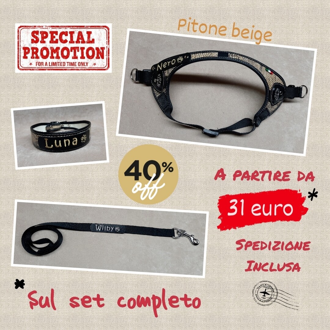 Promozione - Set pettorina &quot;V&quot; e collare pitone beige con guinzaglio nero