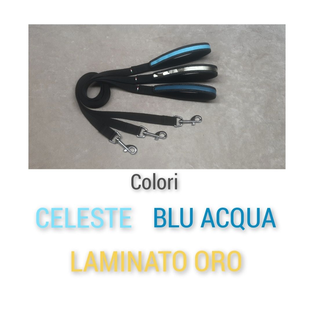 Guinzaglio corda nylon nera manico a colore CELESTE - BLU ACQUA - ORO LAME&#39;