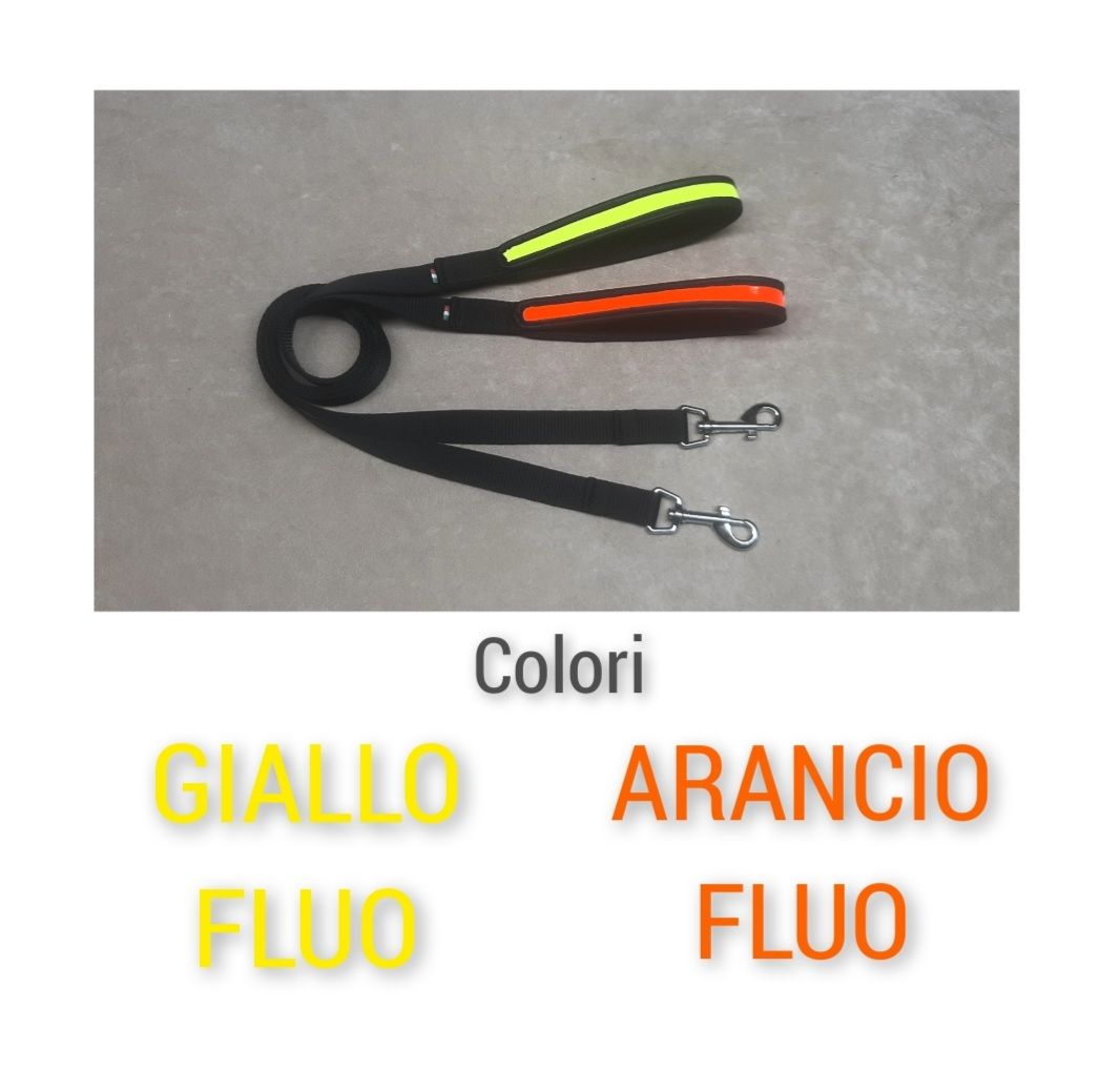 Guinzaglio corda nylon nera manico a colore GIALLO FLUO - ARANCIO FLUO
