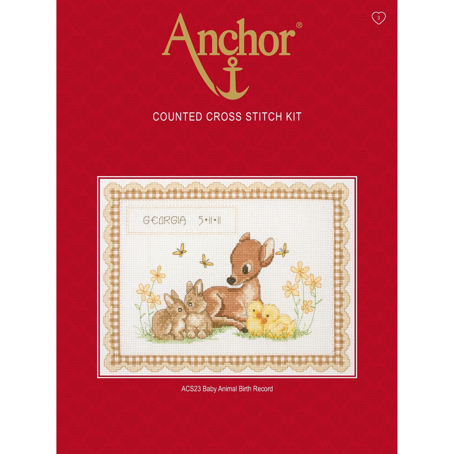 Anchor Essential Cross Stitch Kit - Baby Animals Birth Record