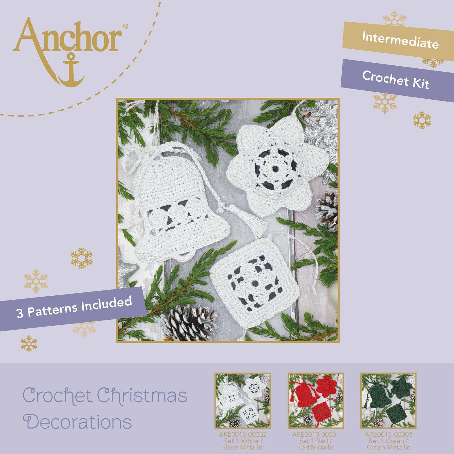 Crochet Christmas Decorations - Set 1 White/Gold Metallic