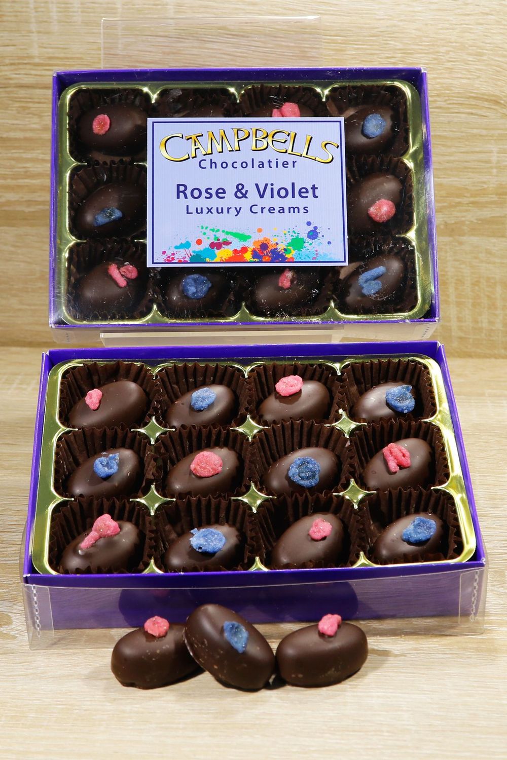 Rose & Violet Creams in Dark Chocolate Rose & Violet Creams in Dark Chocolate