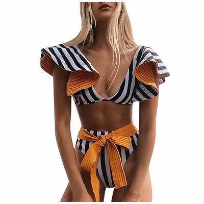 Ruffle Shoulder Striped Bikini