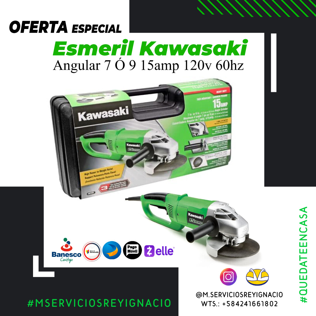 Kawasaki 841425 7-Inch y 9-Inch Verde Ángulo 15-amp Grinder Kit