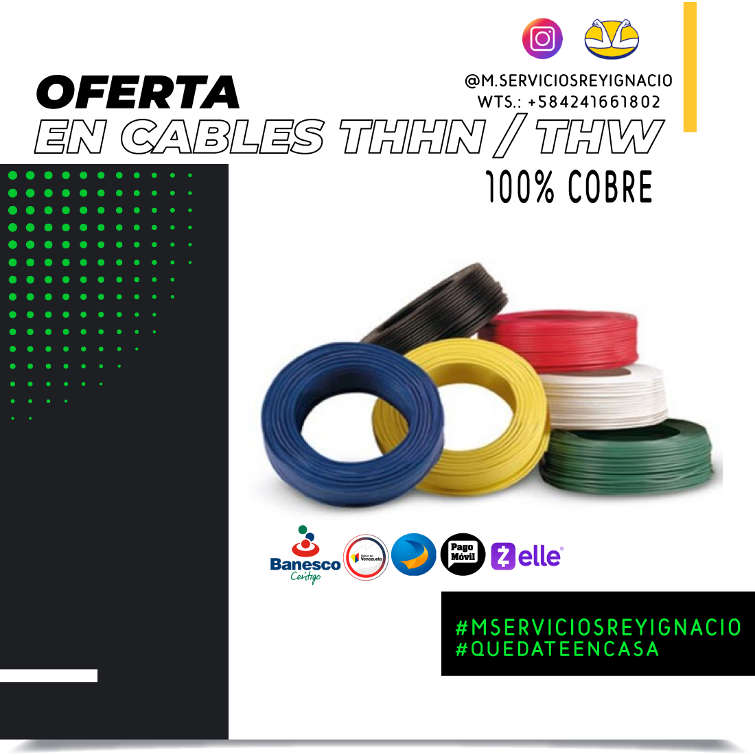 Cables 1-0, 2,4,6,8,10,12,14,16,18,THW, THHN, TTU 100% COBRE