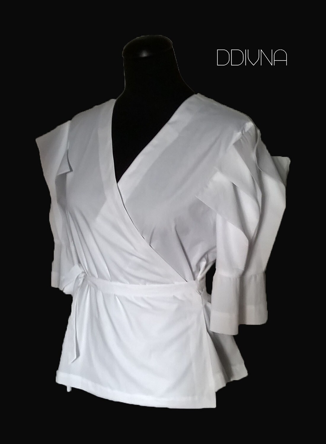 Wrap White shirt cotton blouse/Sleeves/ Smart casual Work/FREE shipping ,weiße bluse Custom made Please check the Size Chart before order.