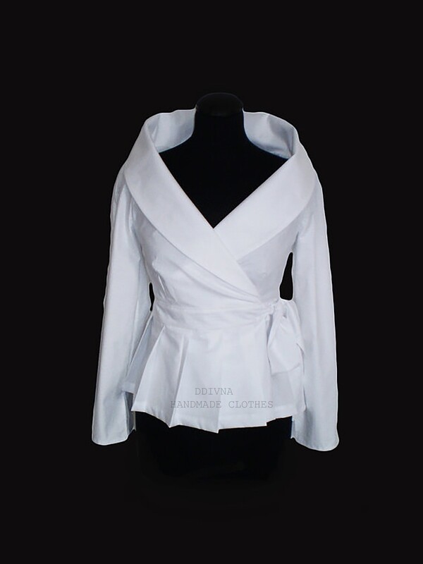 White Blouse Wrap Cotton Shirt, large collar,tie closure, wedding blouse,custom order crisp white mother of the bride shirt ,handmade