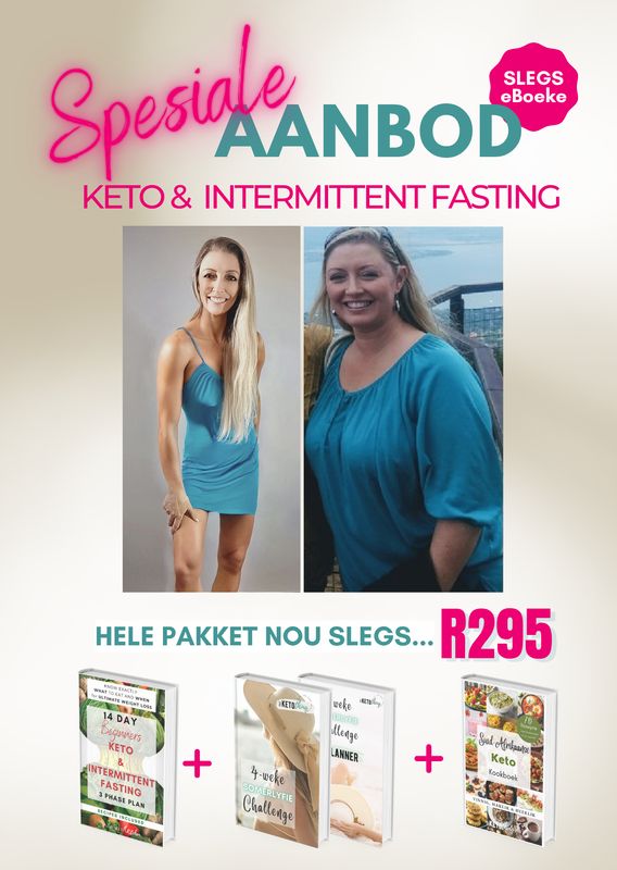 PAKKET: 14 Day BEGINNERS Keto &amp; Intermittent Fasting Plan PLUS 4 Weke Somerlyfie Plan &amp; Gewigsverlies beplanner PLUS Suid-Afrikaanse 70 Keto Resepte Boek (Digitale Eboeke)
