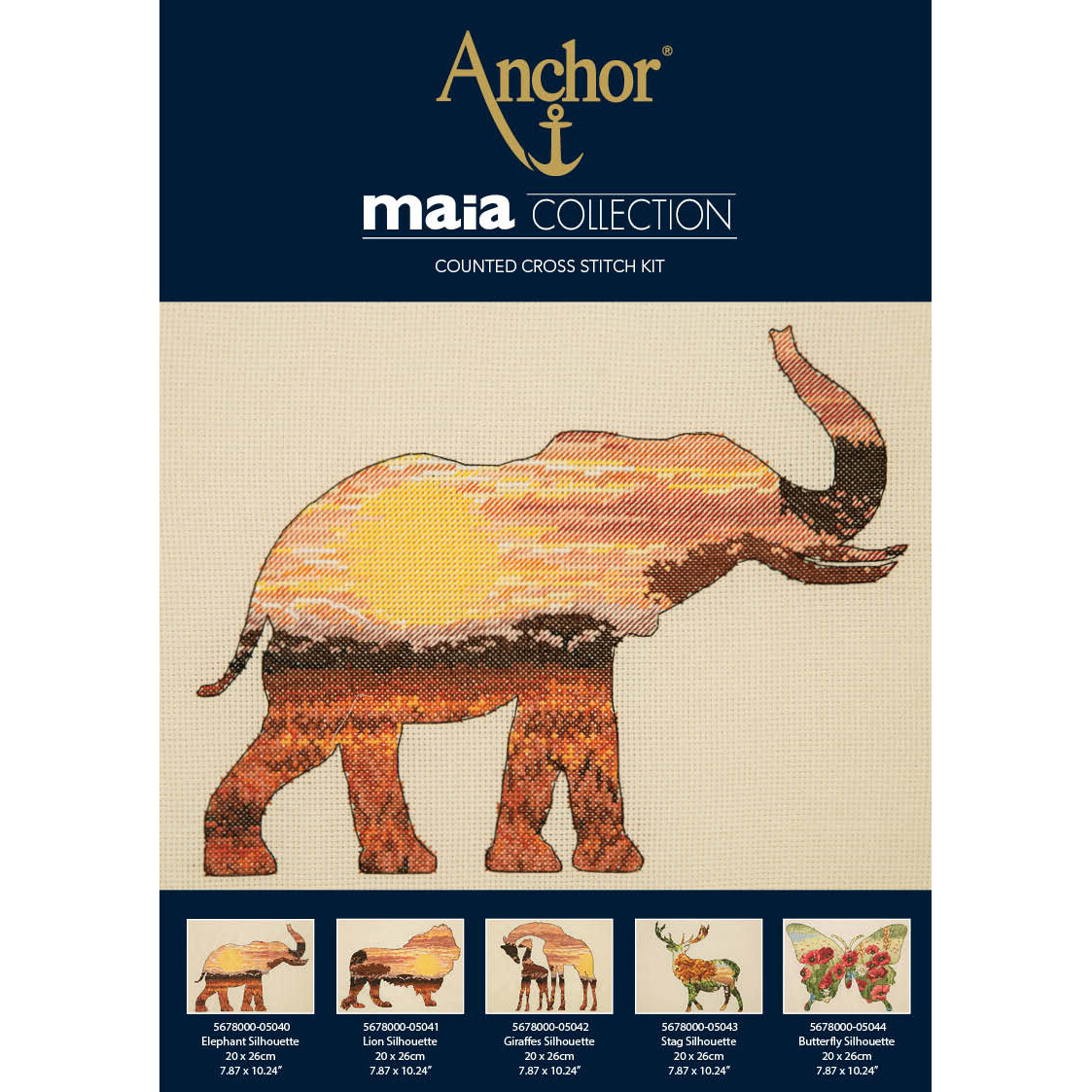 Maia Cross Stitch Kit - Elephant Silhouette 20x26cm