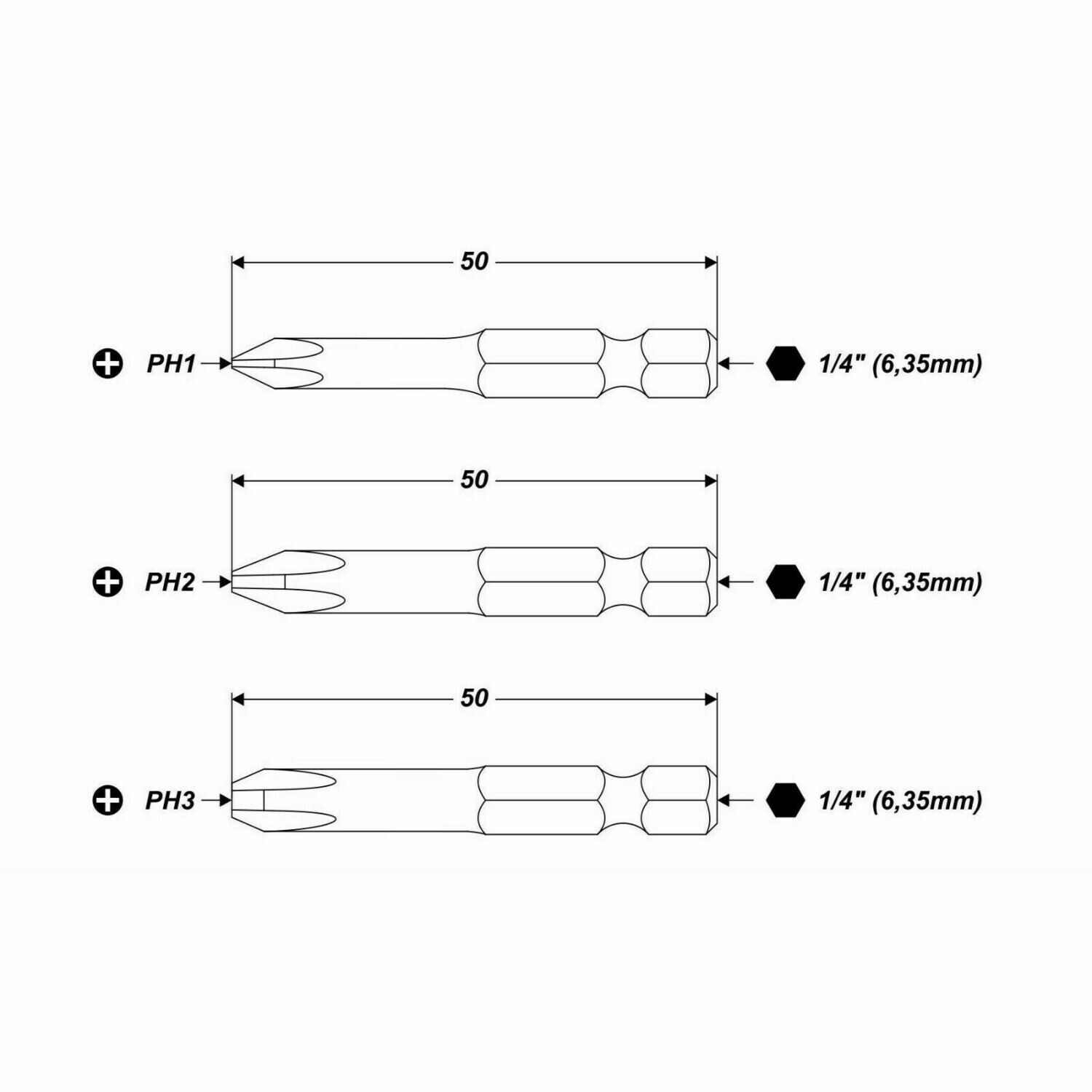 6 x PH x 50 mm 1/4 Zoll S2-Stahl High Quality Bit Schrauberbit PH3 Kreuzschlitz