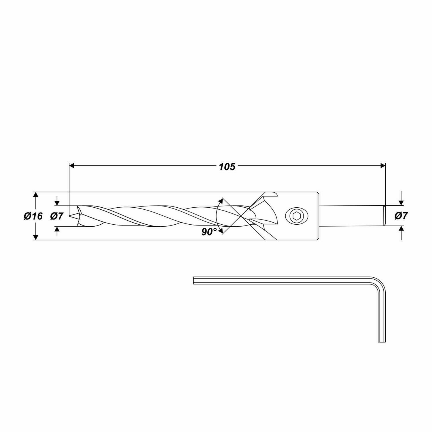 Holzbohrer Ø 7 mm mit 90° Senker Bohrer ist wechselbar