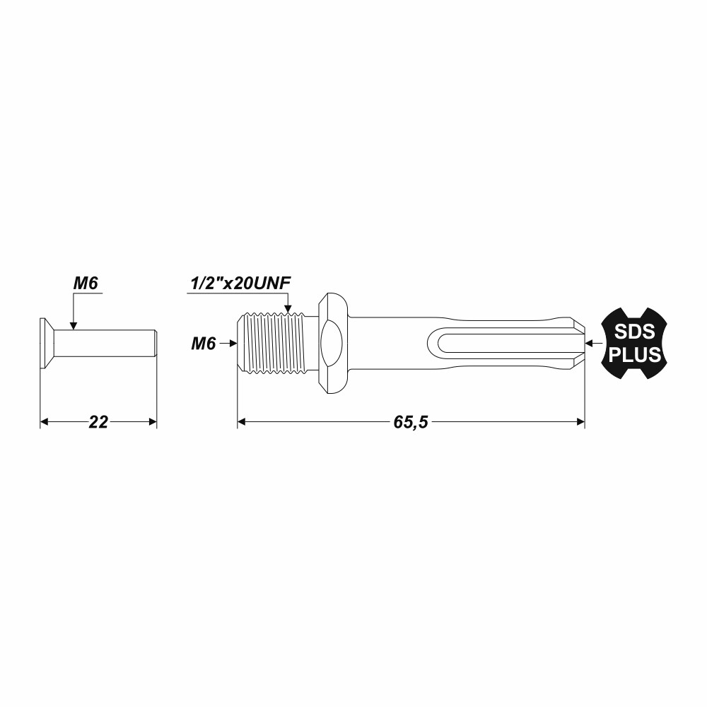 SDS Plus Adapter für Bohrfutter 1/2 Zoll x 20 UNF Länge 66,5 mm