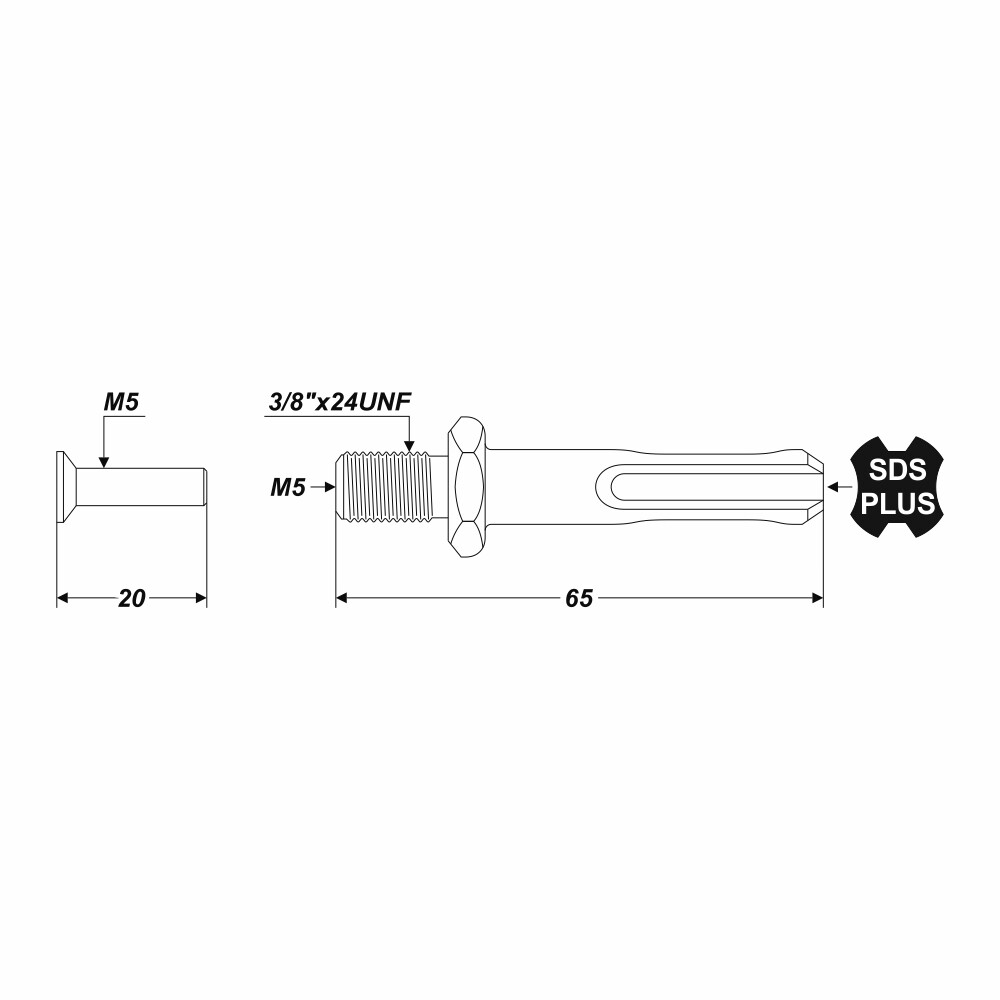 SDS Plus Adapter für Bohrfutter 3/8 Zoll x 24 UNF Länge 66,5 mm