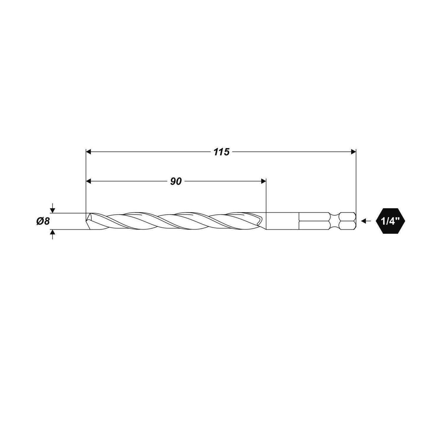 Ø 8 x 115 mm HSS Universal Bohrer HEX Aufnahme Metalbohrer Kunststoffbohrer