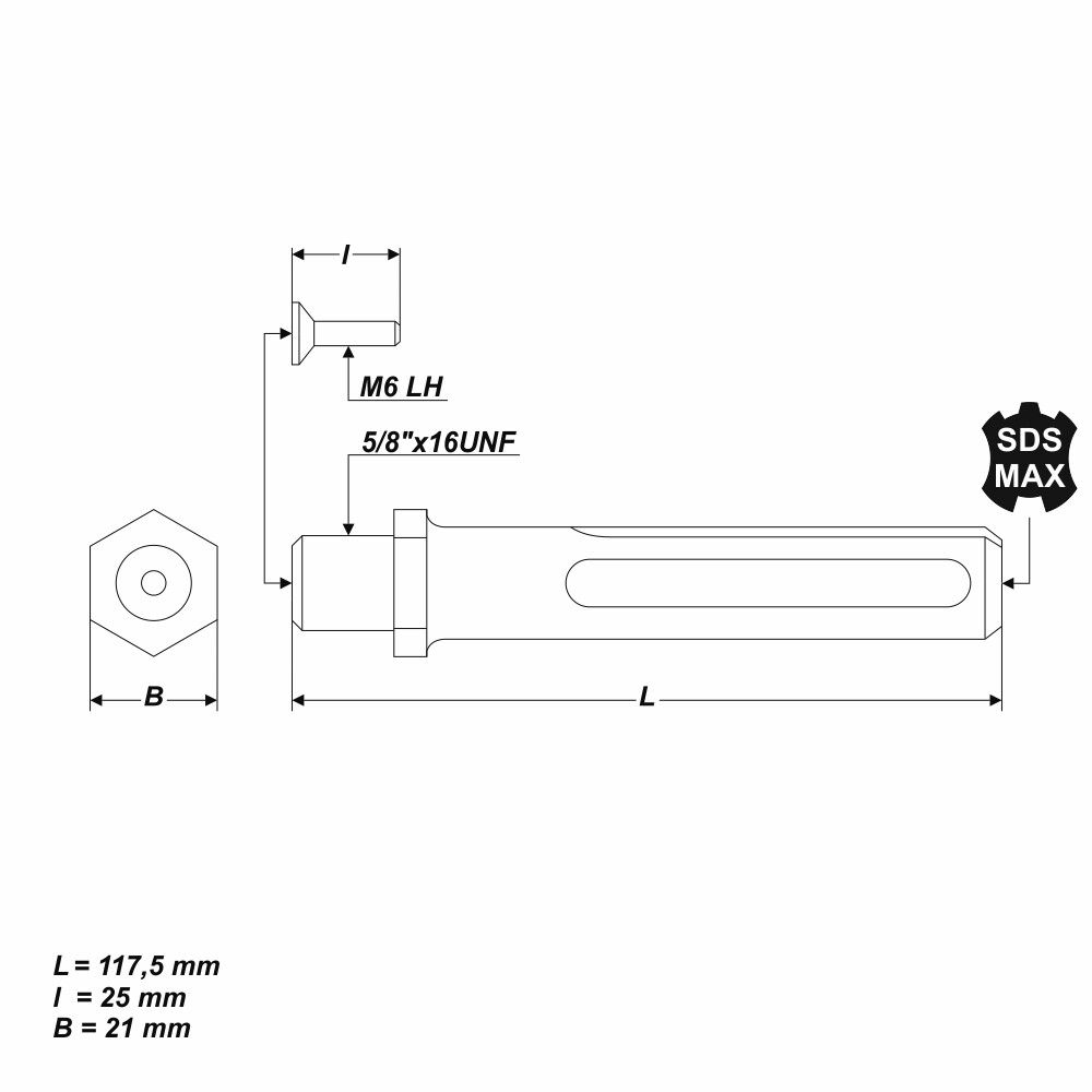 SDS Max Adapter für Bohrfutter 5/8 Zoll x 16 UNF Länge 117,5 mm
