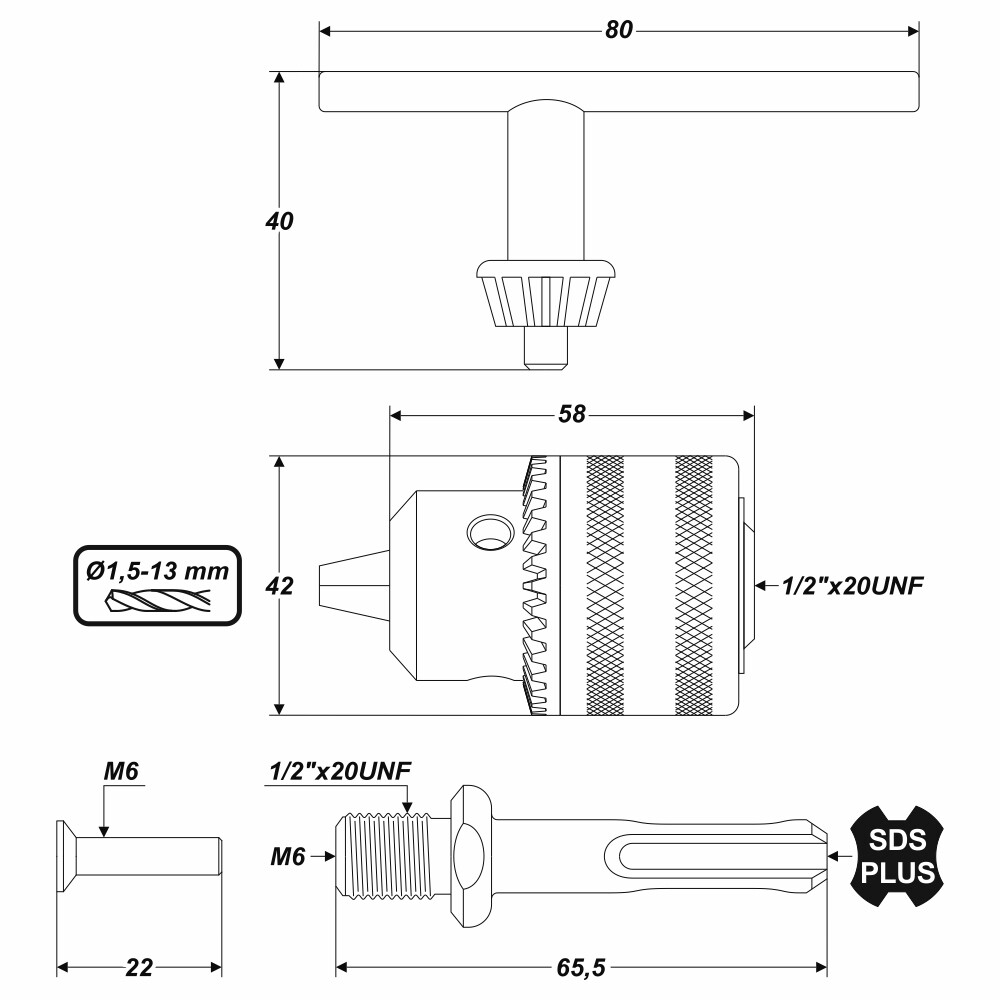 Bohrfutter mit SDS-Plus Adapter Zahnkranzbohrfutter 13 mm Gewinde 1/2 x 20 UNF
