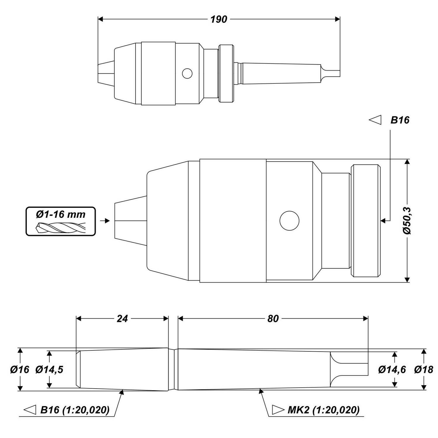 Schnellspannbohrfutter Bohrfutter 1 - 16 mm Konus B18 mit Kegeldorn MK2