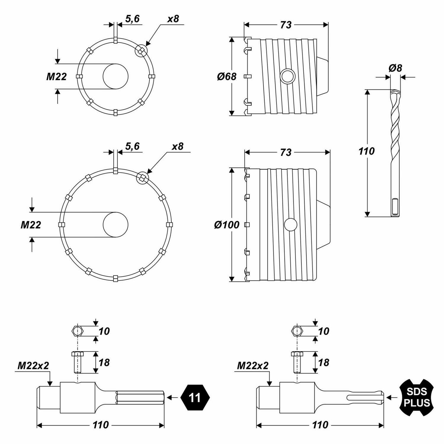 5 tgl HM Lochsäge Satz Bohrkrone Beton Dosenbohrer Ø 68 / 100 mm mit 2 Adaptern