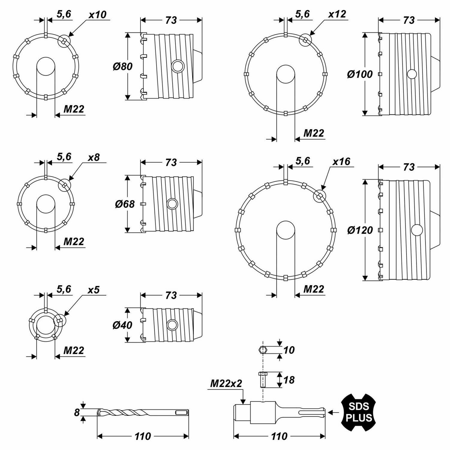 Lochsäge Satz Bohrkrone Beton Dosenbohrer Ø 40 / 68 / 80 / 100 /120 mm 6 tgl HM