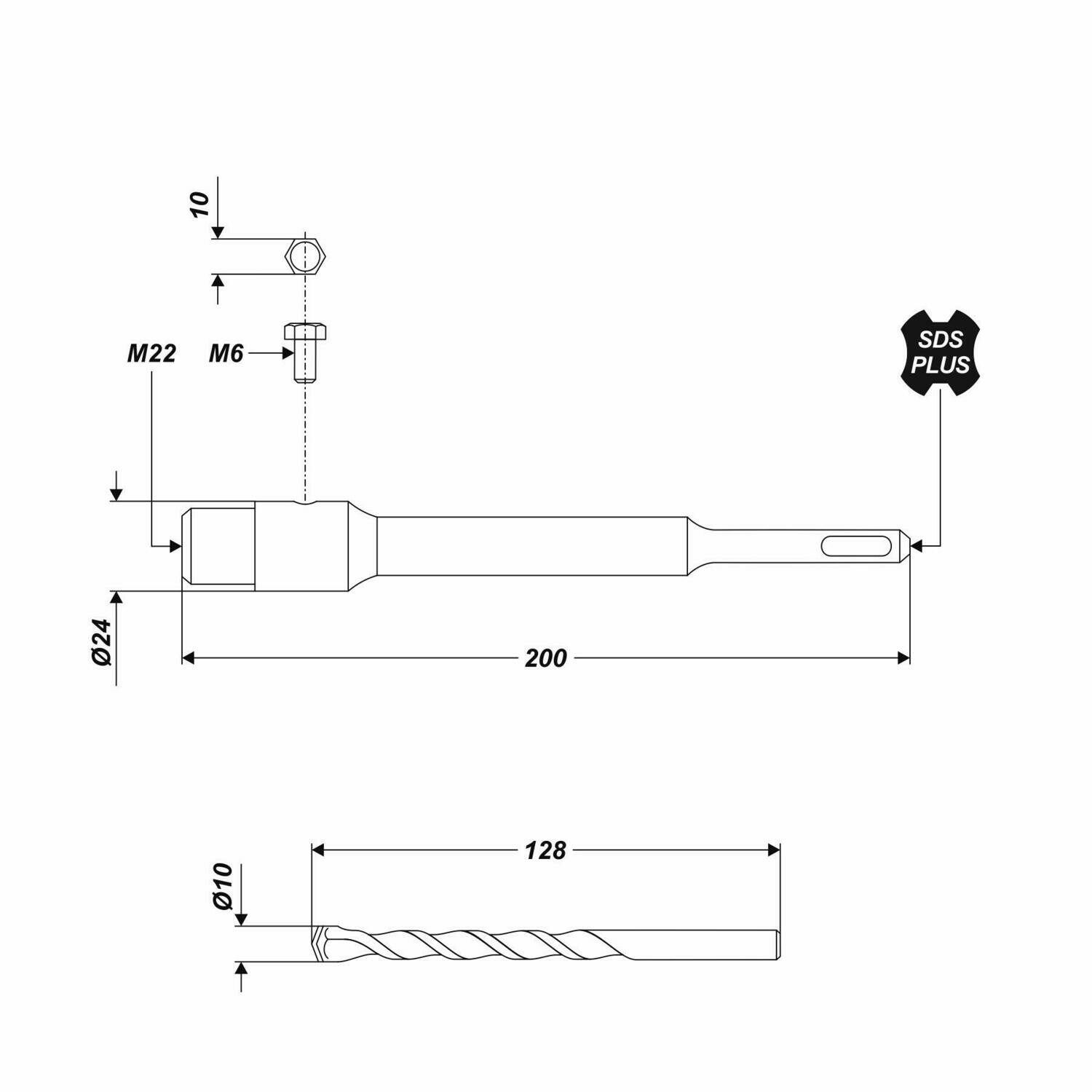 SDS Plus Aufnahmeschaft mit Zentrierbohrer für Bohrkrone M22 Länge 200 mm