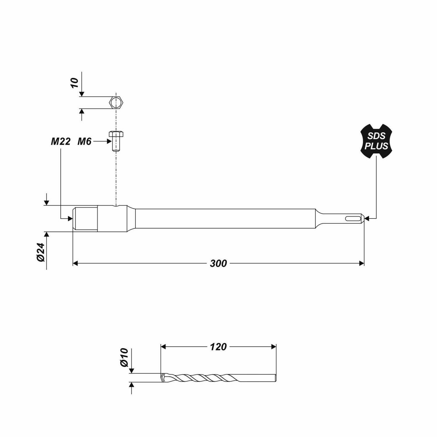 SDS Plus Aufnahmeschaft mit Zentrierbohrer für Bohrkrone M22 Länge 300 mm