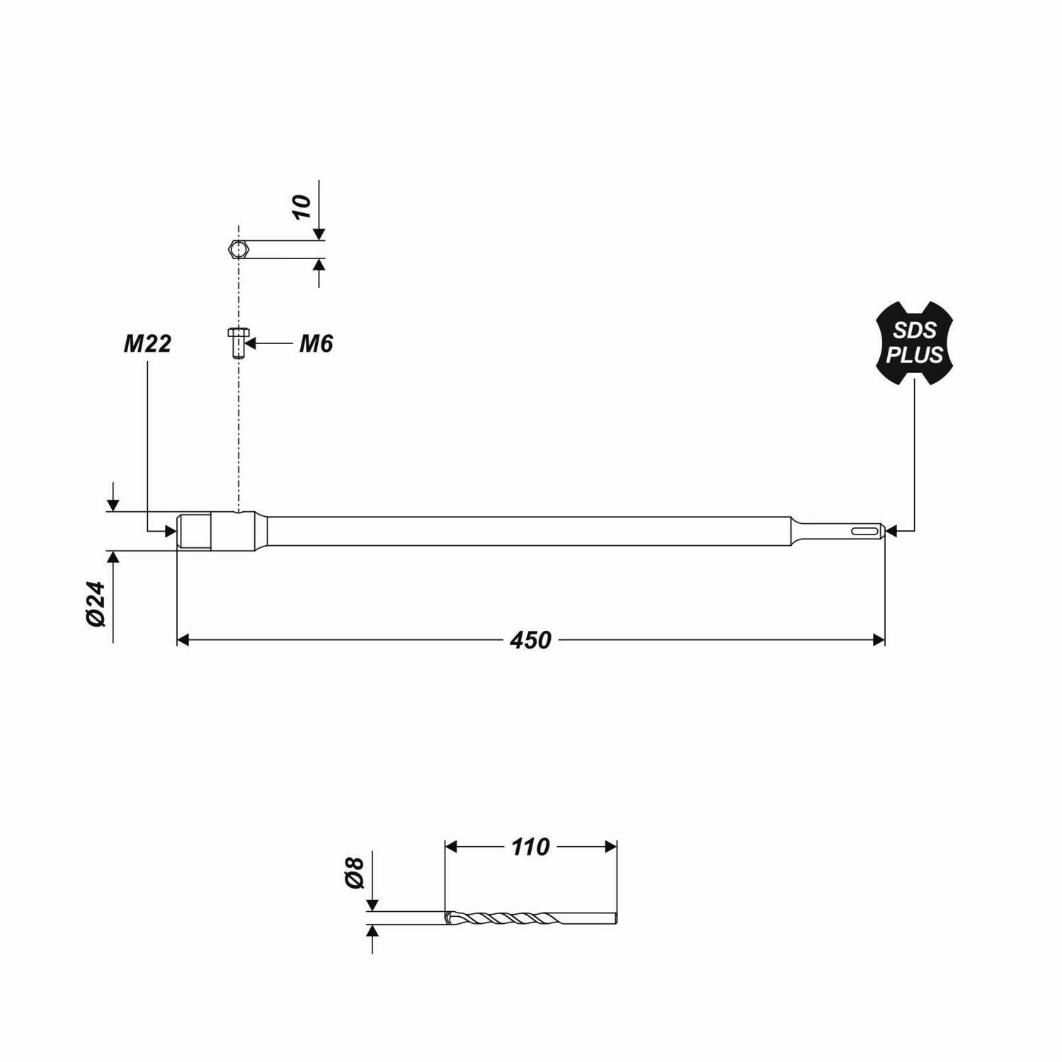 SDS Plus Aufnahmeschaft mit Zentrierbohrer für Bohrkrone M22 Länge 450 mm