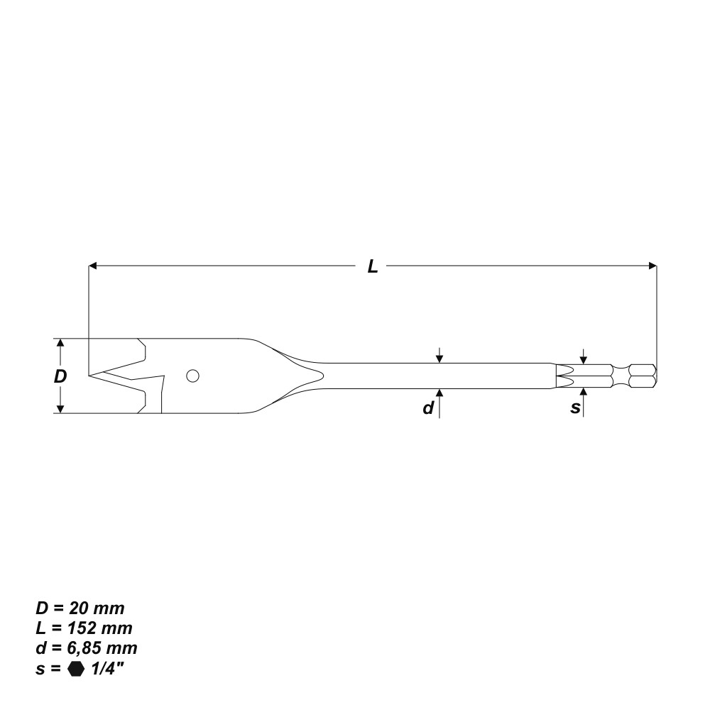 Holzbohrer Flachfräsbohrer Flachbohrer Bohrer 1/4" Sechskant Aufnahme Ø 20 mm