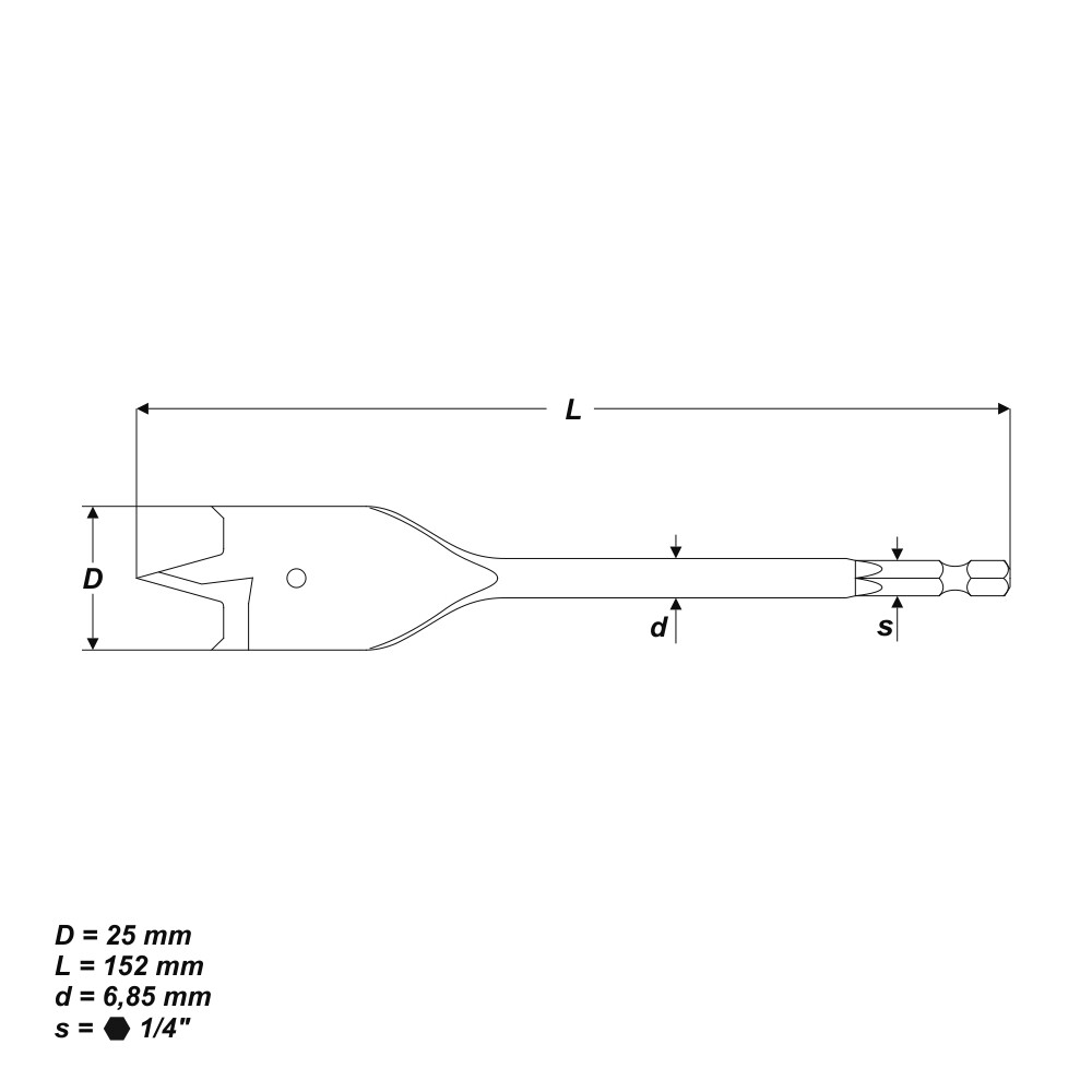Holzbohrer Flachfräsbohrer Flachbohrer Bohrer 1/4" Sechskant Aufnahme Ø 25 mm