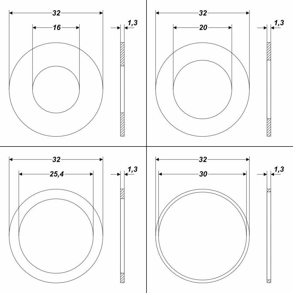 4 Stück Reduzierring von 32 mm auf 30 / 25,4 / 20 / 16 mm Ersatzring