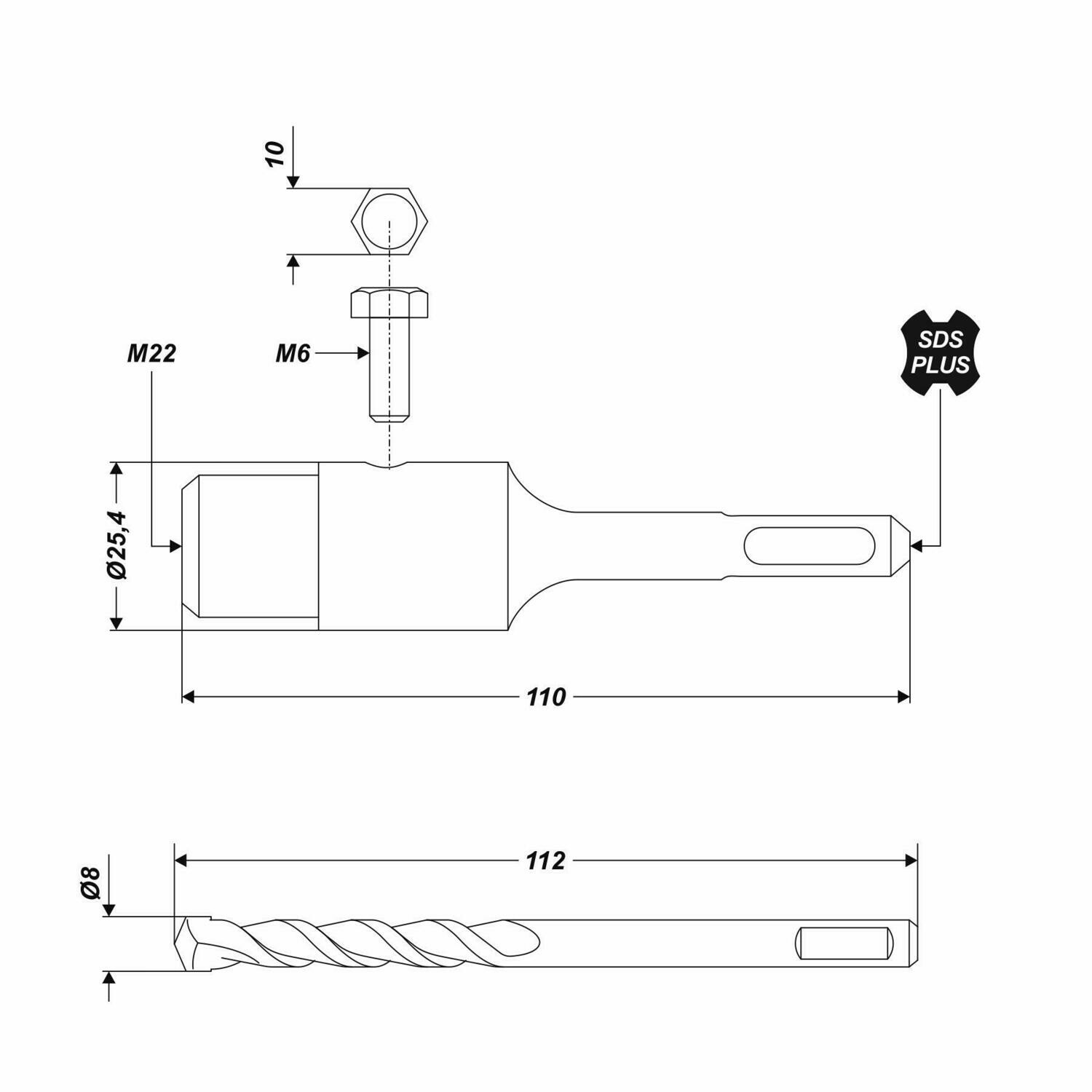 SDS Plus Aufnahmeschaft mit Zentrierbohrer für Bohrkrone M22 Länge 110 mm