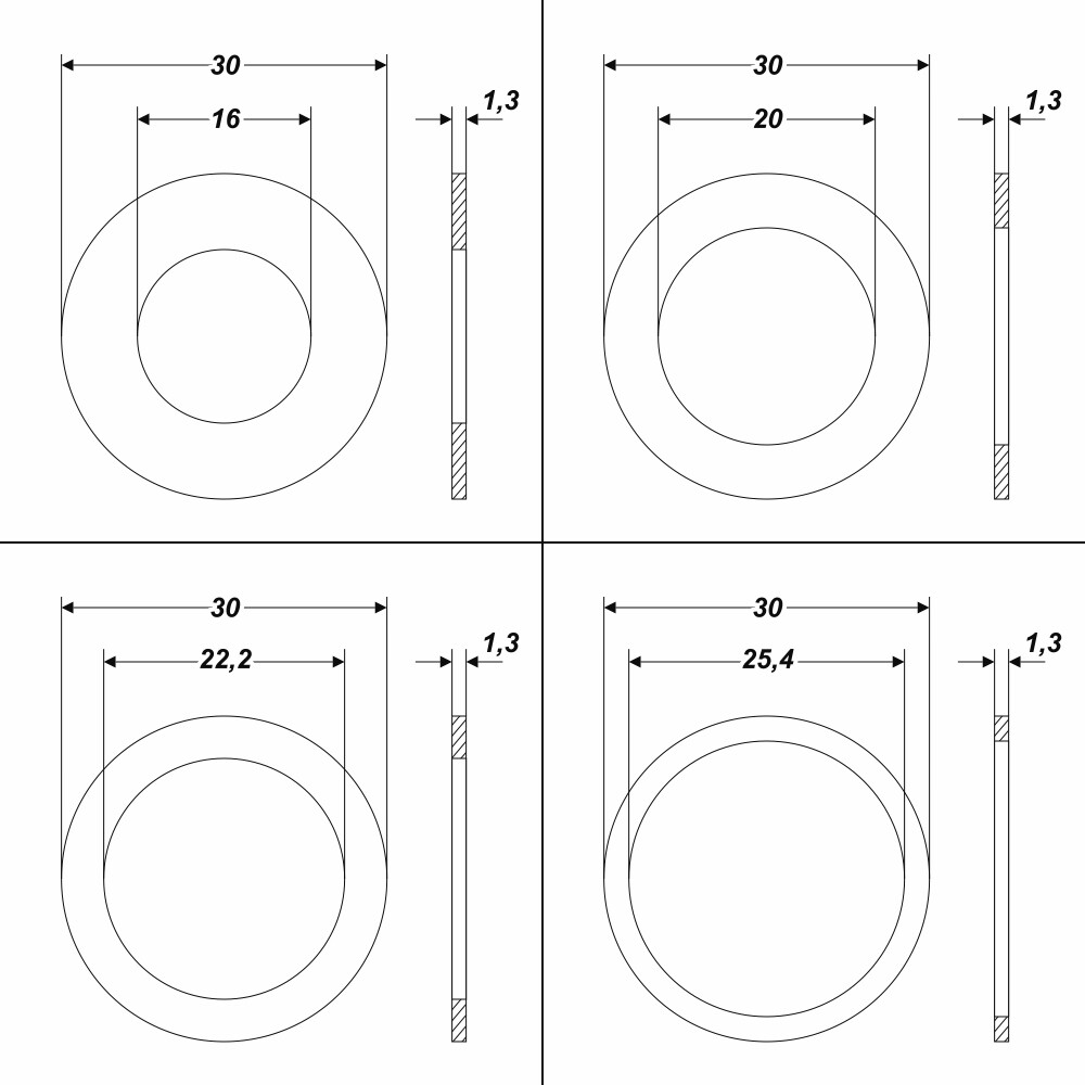 4 Stück Reduzierring von 30 mm auf 25,4 / 22,2 / 20 / 16 mm Ersatzring