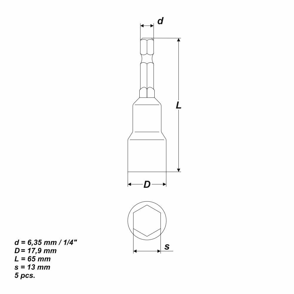 Magnet M13 1/4 Zoll Steckschlüssel Einsatz 13 mm Sechskant Nuß 65 mm Stecknuß