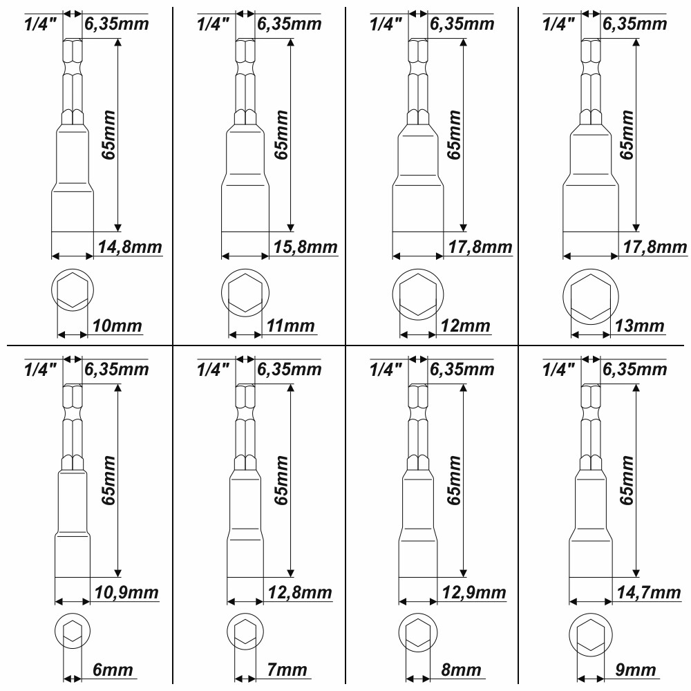 1/4" Zoll Bit Steckschlüsselsatz 8 tgl M6 M7 M8 M9 M10 M11 M12 M13 Sechskant Nuß