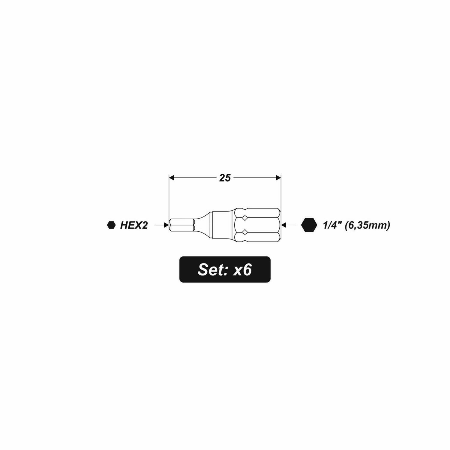 6 x HEX2 x 25 mm 1/4 Zoll S2-Stahl High Quality Bits Bit Schrauberbit Hex 2,0