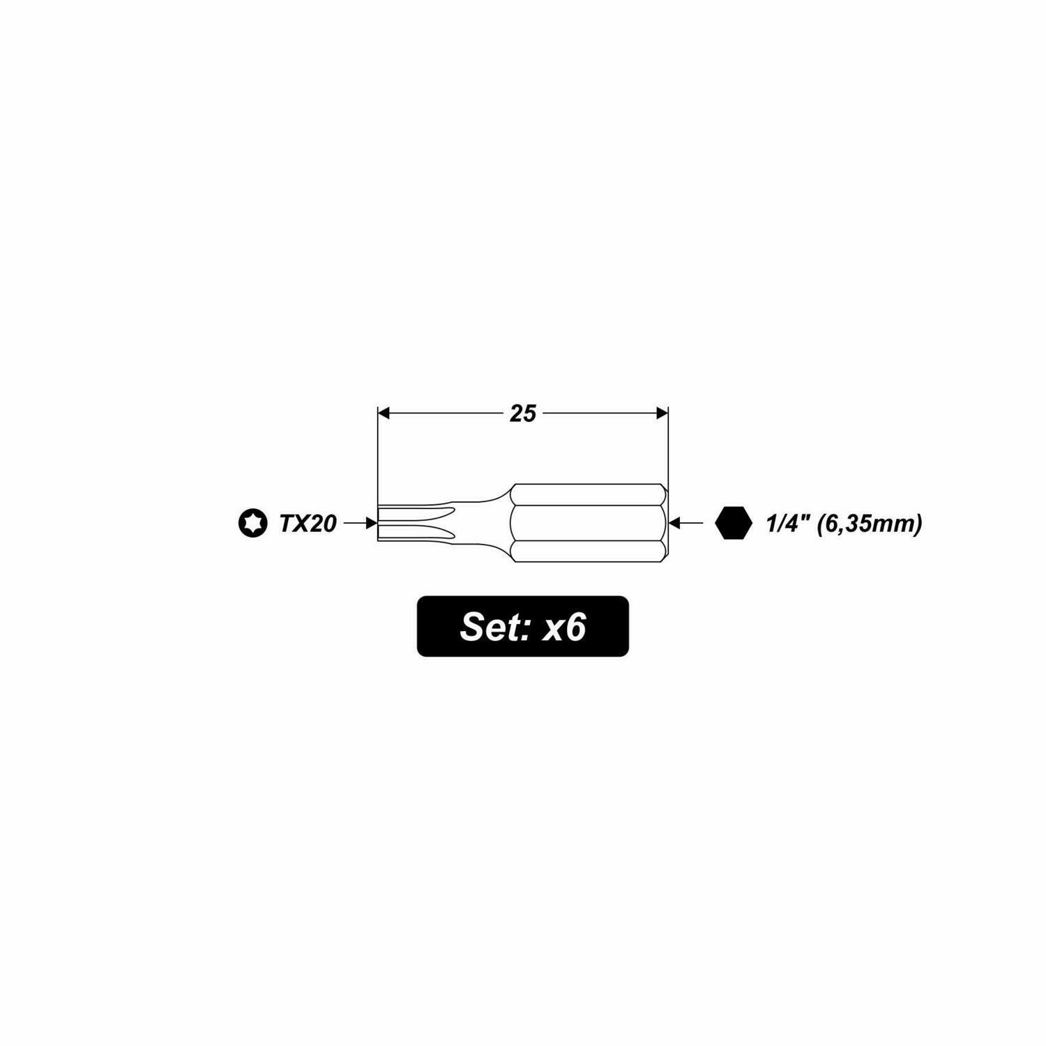 6 x Torx TX20 x 25 mm 1/4 Zoll Quality Bits aus S2-Stahl Schrauberbit Torx20 T20
