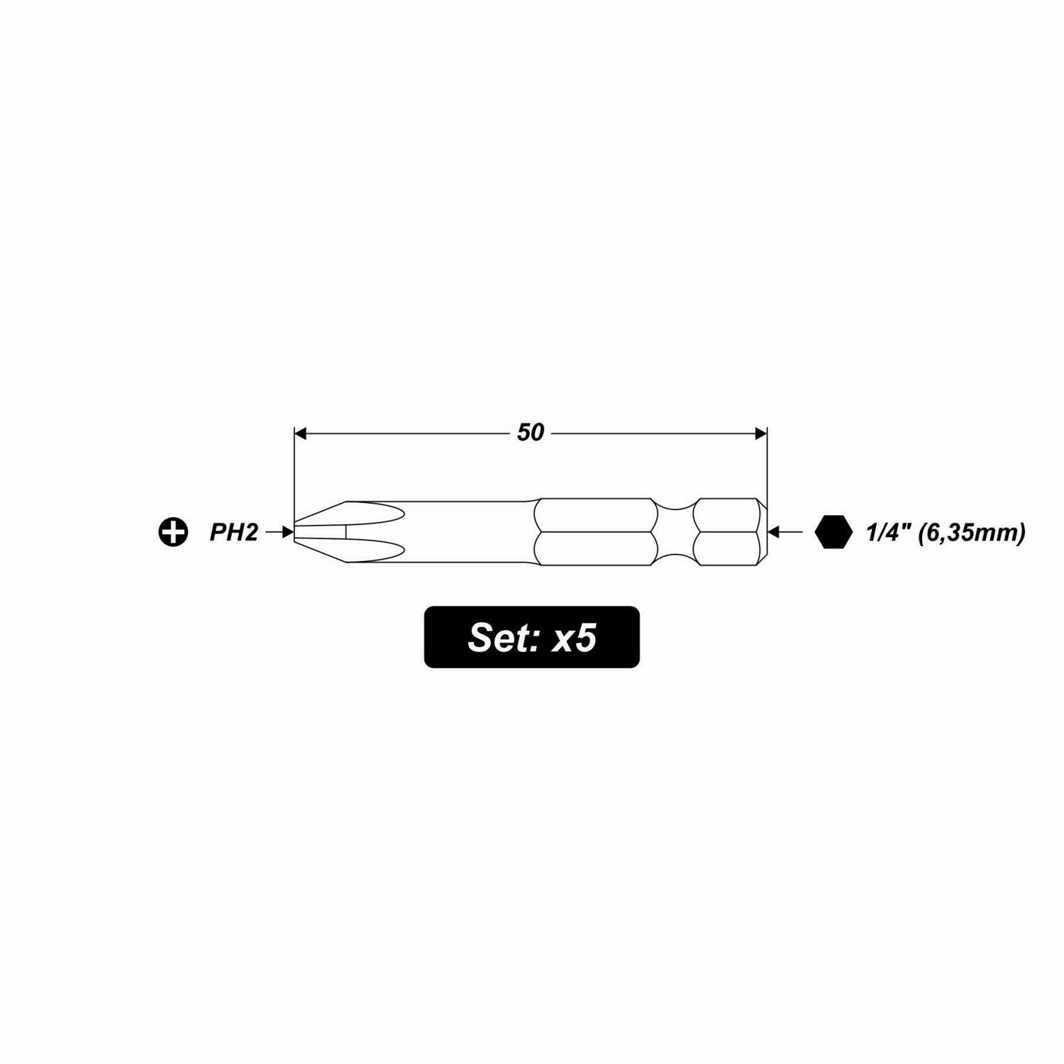 6 x PH2 x 50 mm 1/4 Zoll S2-Stahl High Quality Bit Schrauberbit PH3 Kreuzschlitz