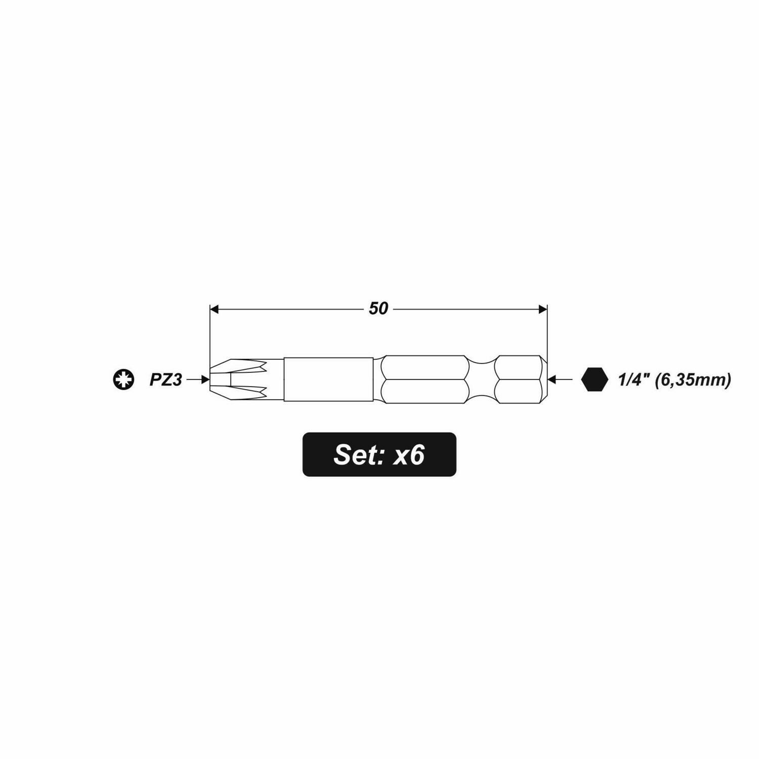 6 x PZ3 x 50 mm 1/4 Zoll S2-Stahl High Quality Bit Schrauberbit PZ3 Kreuzschlitz