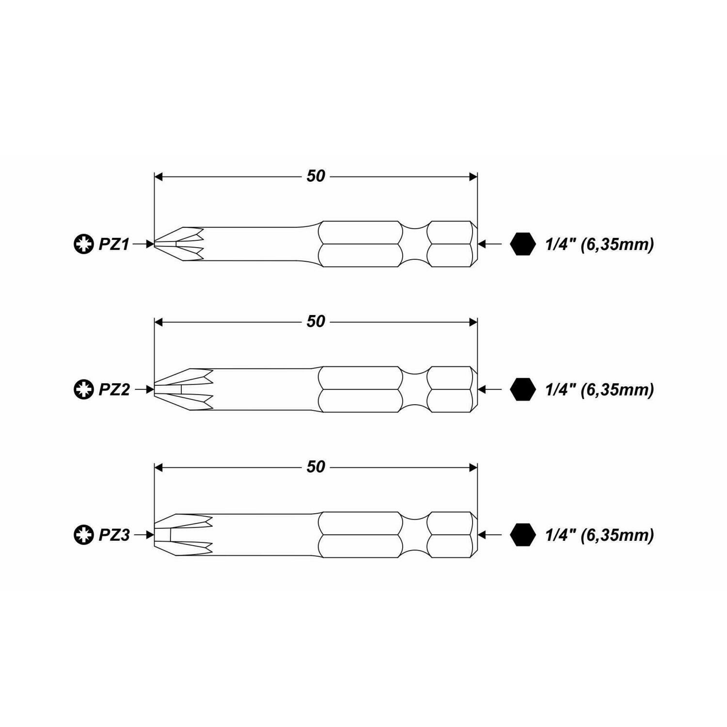 6 x PZ x 50 mm 1/4" S2-Stahl High Quality Bit Schrauberbit PZ1 PZ2 Kreuzschlitz