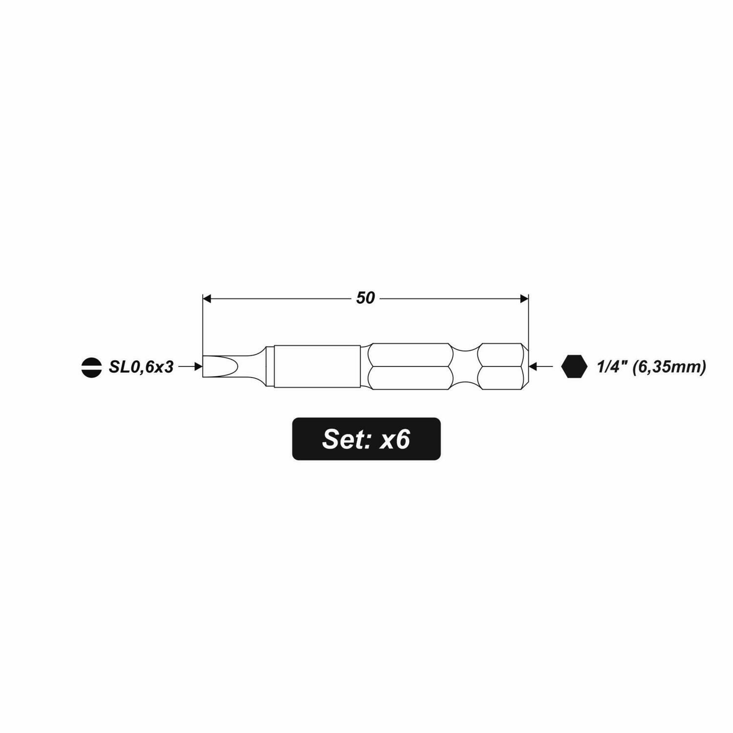 6 x SL0.6 x 3 x 50 mm 1/4 Zoll S2-Stahl High Quality Bits Schrauberbit Schlitz