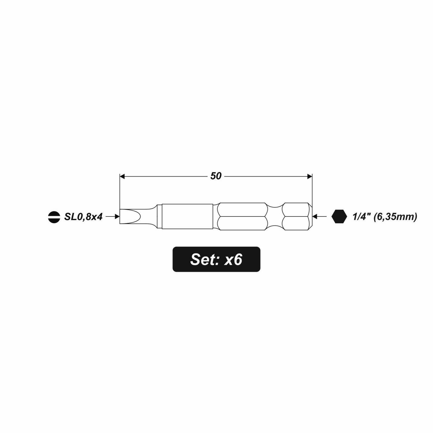 6 x SL0.8 x 4 x 50 mm 1/4 Zoll S2-Stahl High Quality Bits Schrauberbit Schlitz