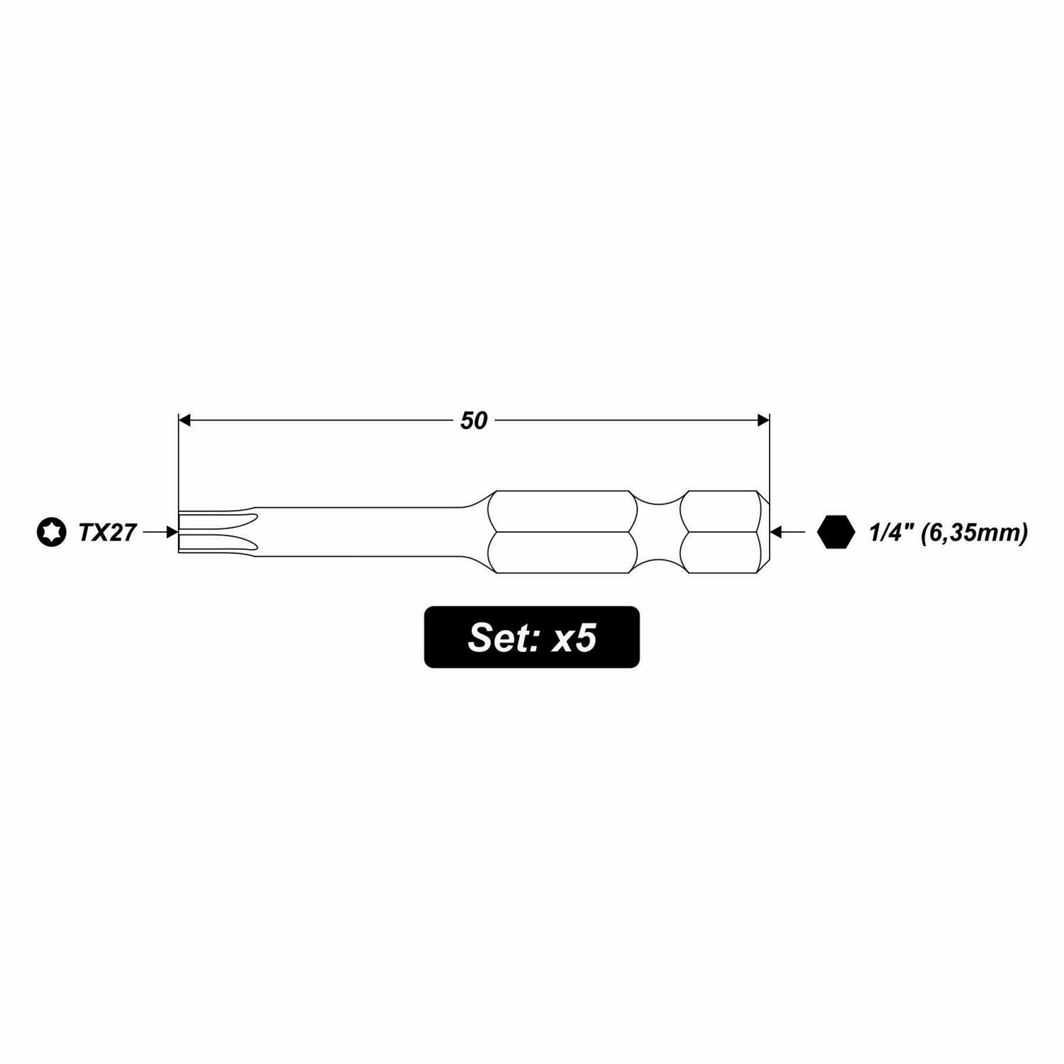 5 x Torx TX27 x 50 mm 1/4 Zoll TiN High Quality Bits Bit Schrauberbit Torx27 T27