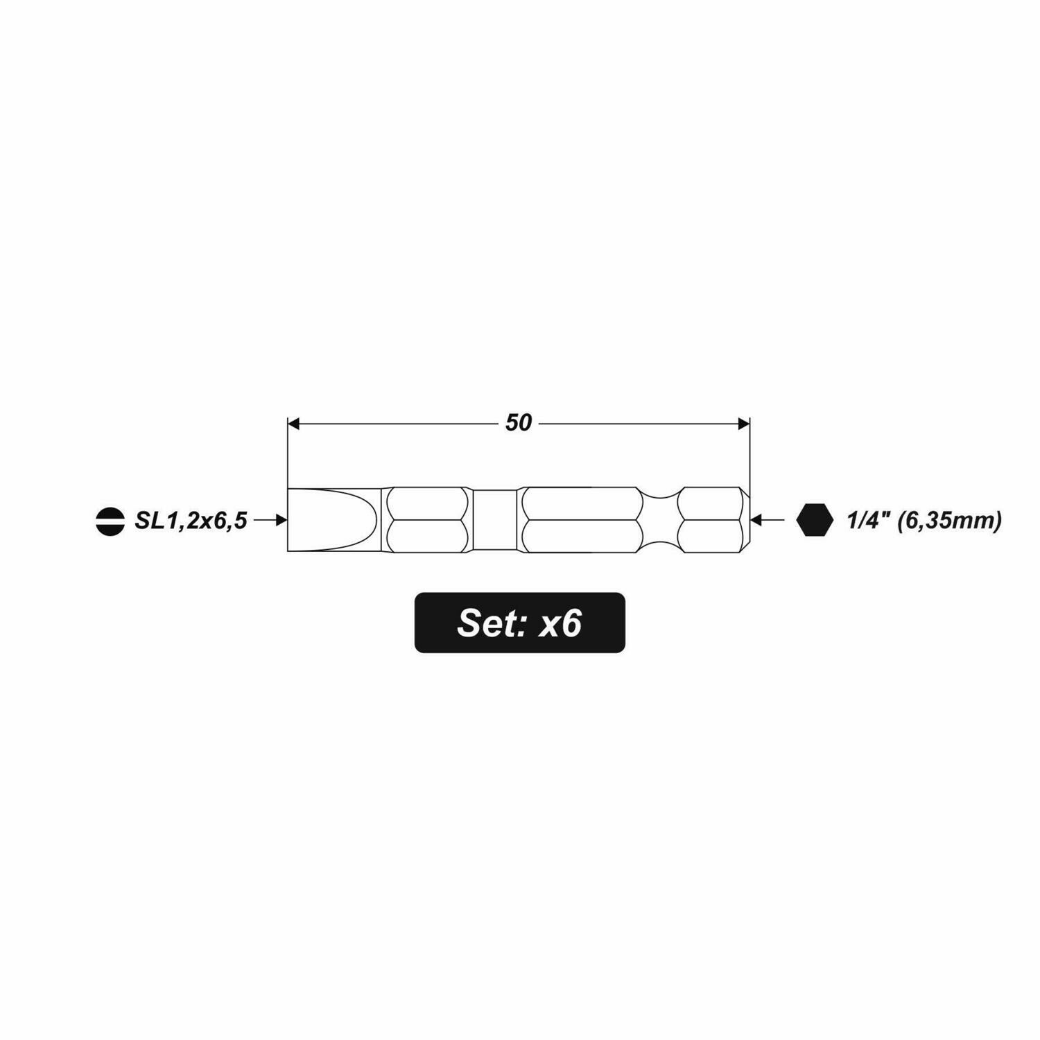 6 x SL1.2 x 6.5 x 50 mm 1/4 Zoll S2-Stahl High Quality Bits Schrauberbit Schlitz