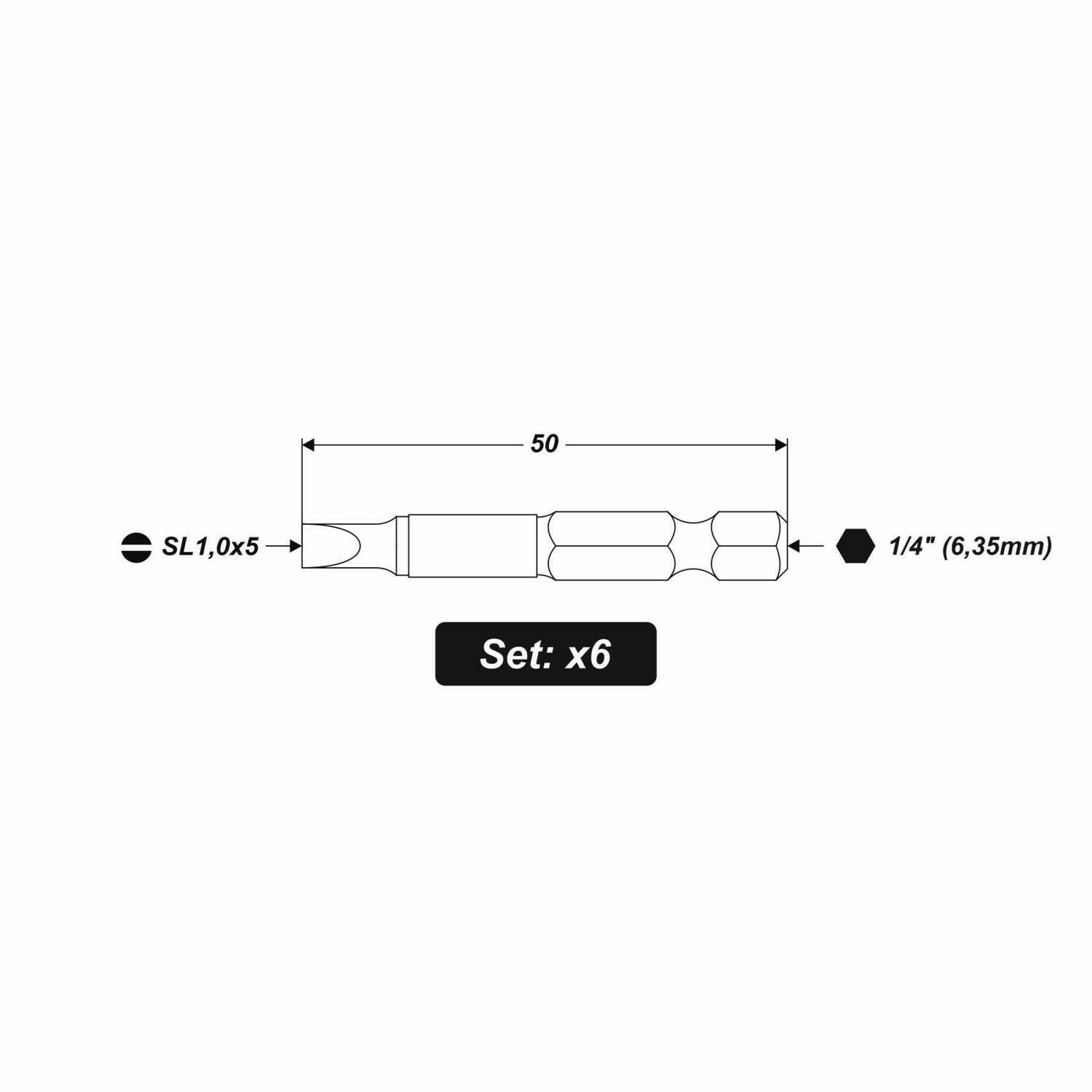 6 x SL1.0 x 5 x 50 mm 1/4 Zoll S2-Stahl High Quality Bits Schrauberbit Schlitz