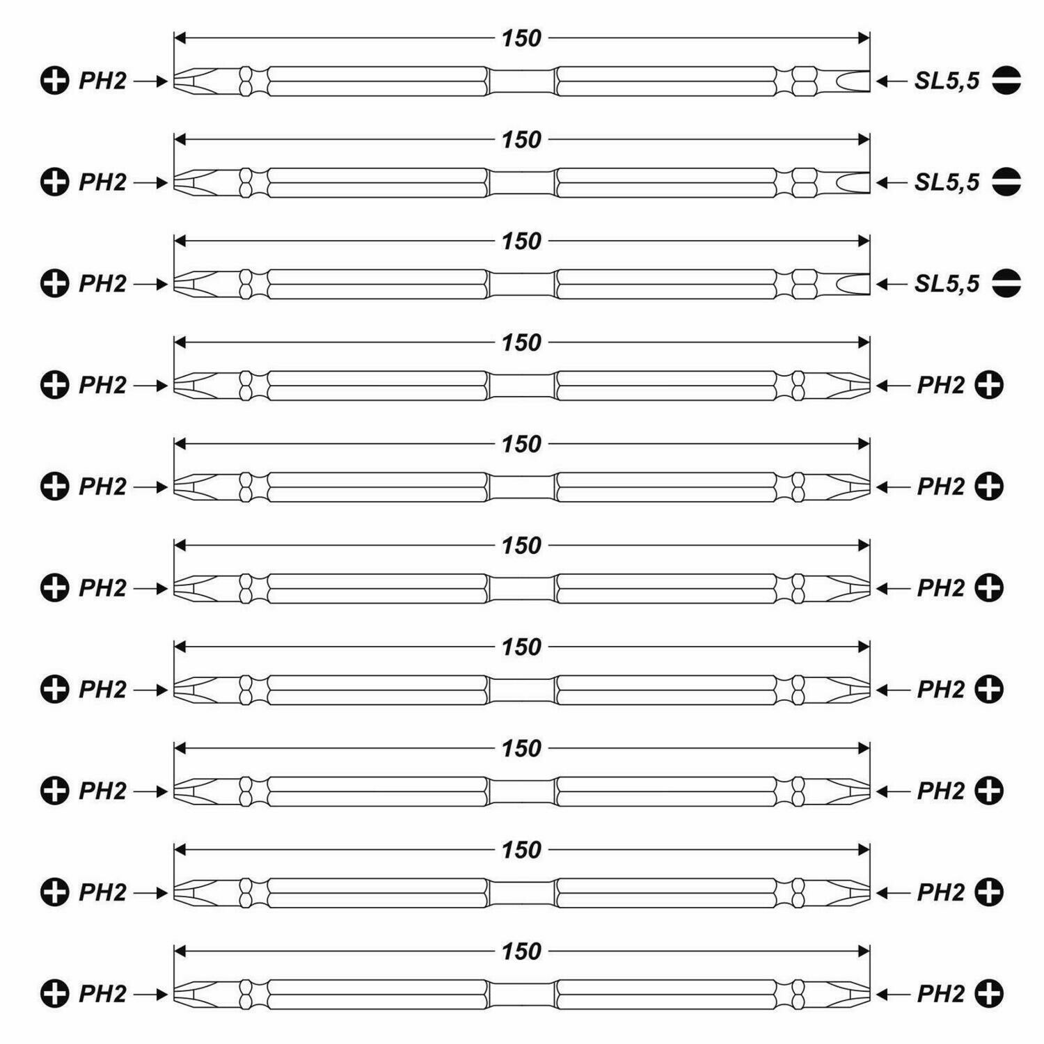 CR-V 150 mm 10 tgl. 1/4" S2-Stahl Bits Schraubendreher doppelseitig set