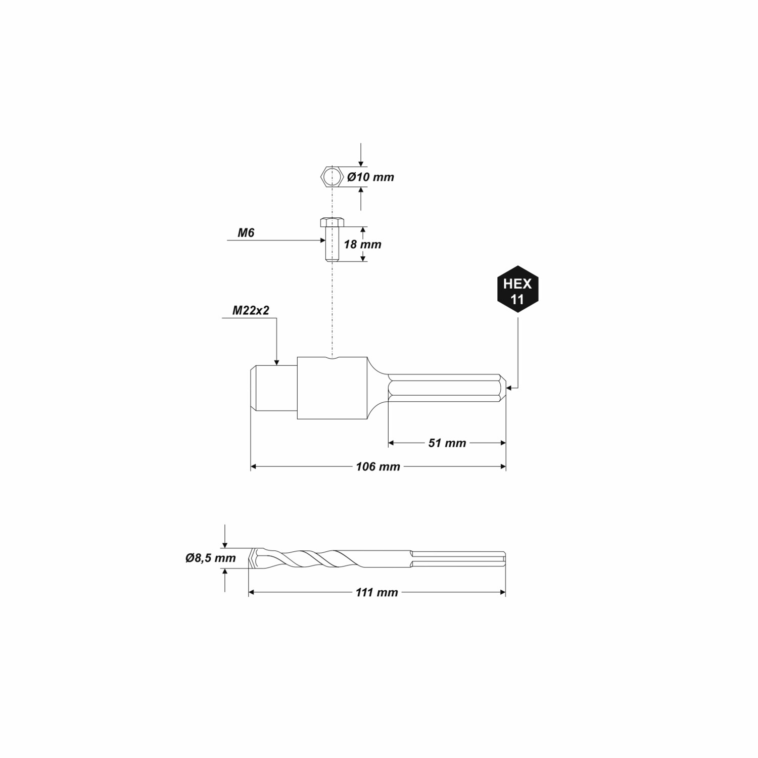 HEX Aufnahmeschaft mit Zentrierbohrer für Bohrkrone M22 Länge 110 mm